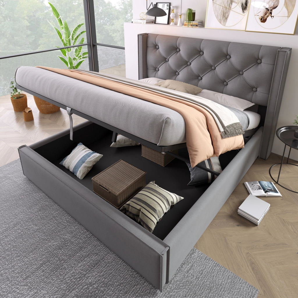 Letti contenitori 140x200 cm con testiera imbottita e rete sollevabile; legno; grigio (Senza materasso)