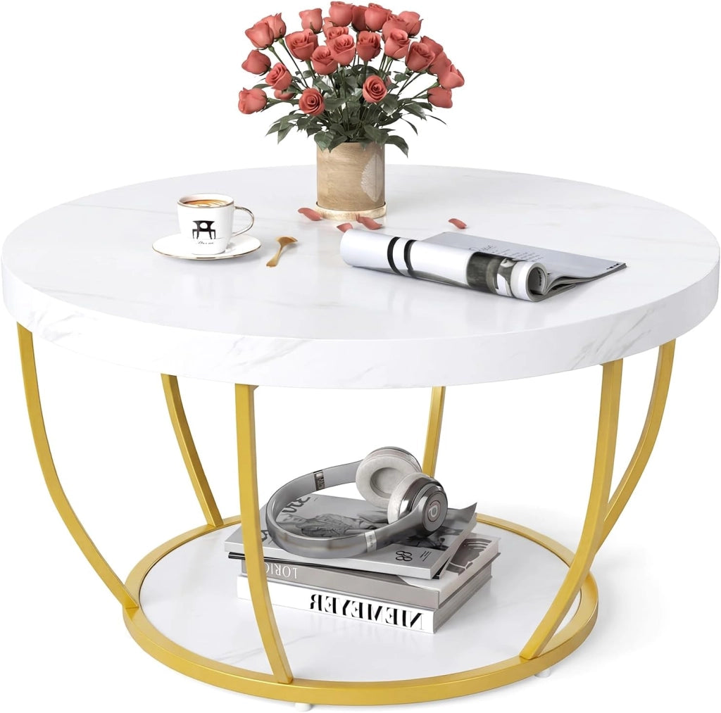 Tavolino da Caffè Rotondo a 2 Ripiani, Tavolo da Salotto in Legno con Struttura in Metallo, Tavolino Soggiorno Industriale con Piedini Regolabili, 80 x 80 x 45 cm (Marrone scuro)