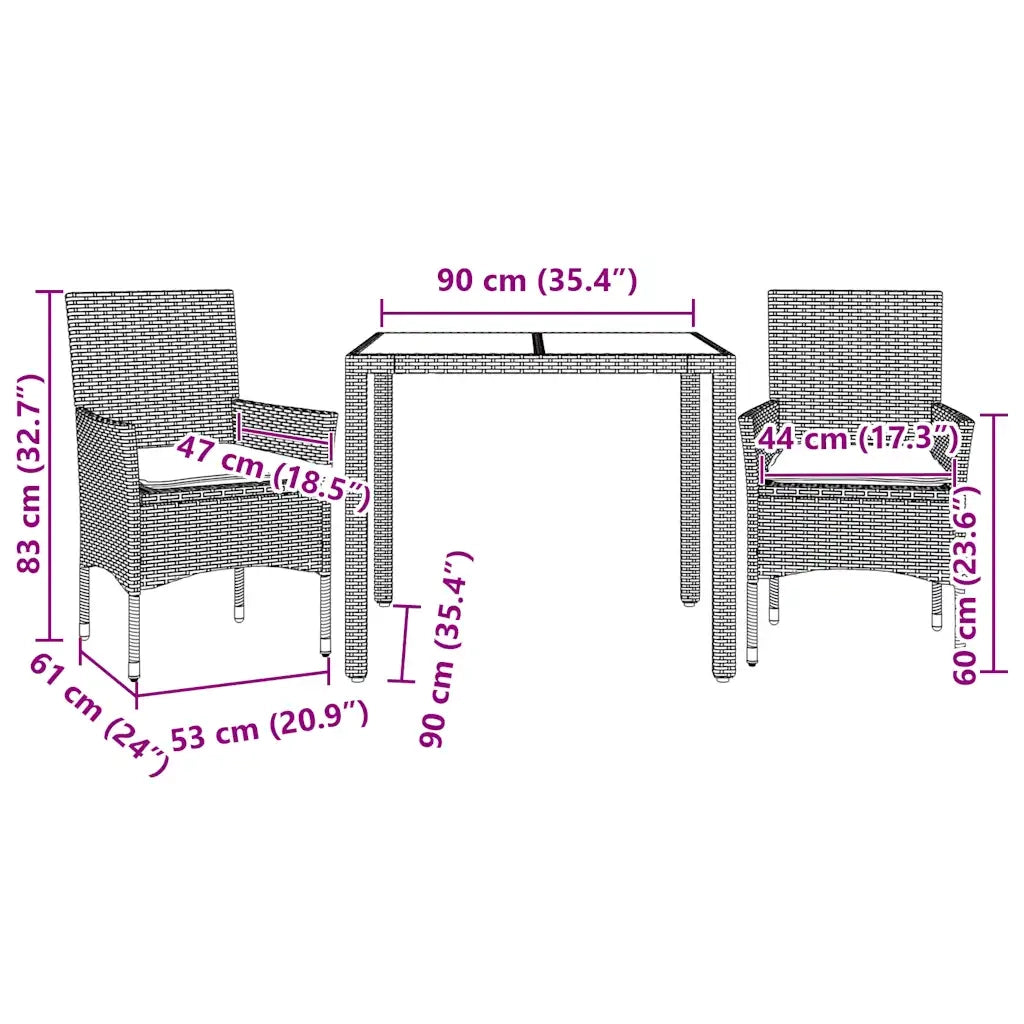 Set Pranzo da Giardino 3pz con Cuscini Polyrattan e Vetro