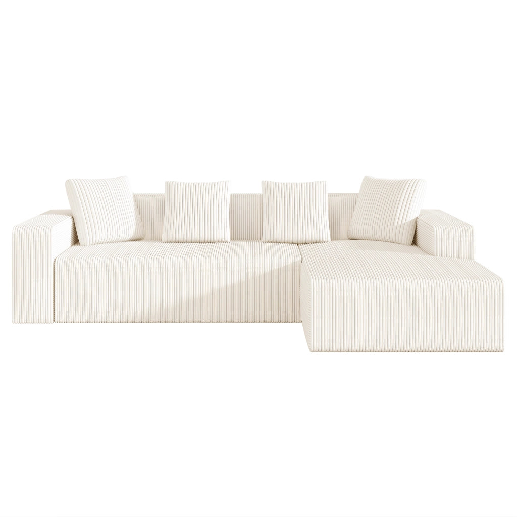 Divano angolare modulare 3 posti con seduta profonda e 4 cuscini, velluto a coste bianco 261 × 146 × 65 cm