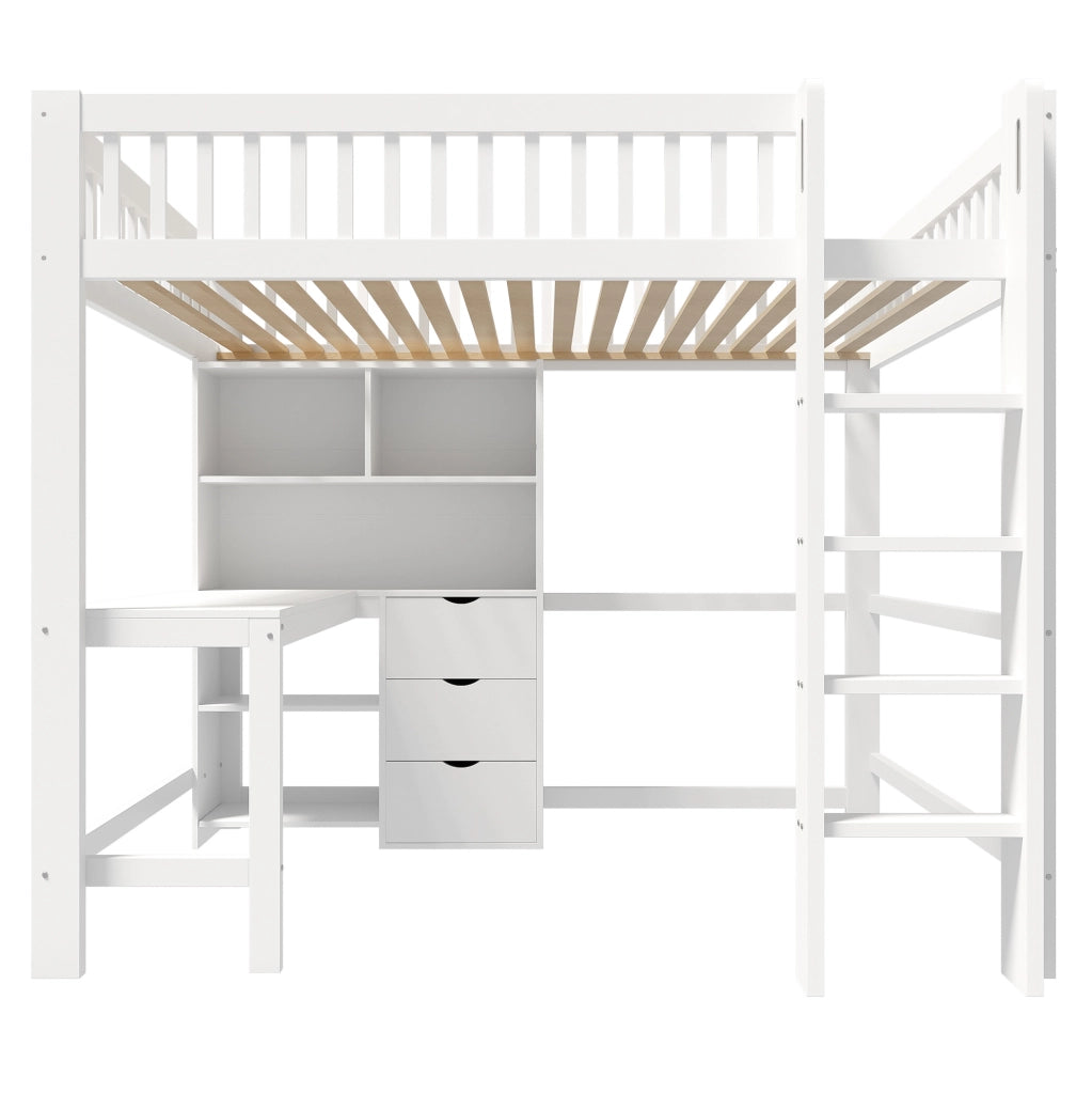 Letto a soppalco 140x200 cm in legno di pino e MDF; bianco; con scrivania; scala e cassetti