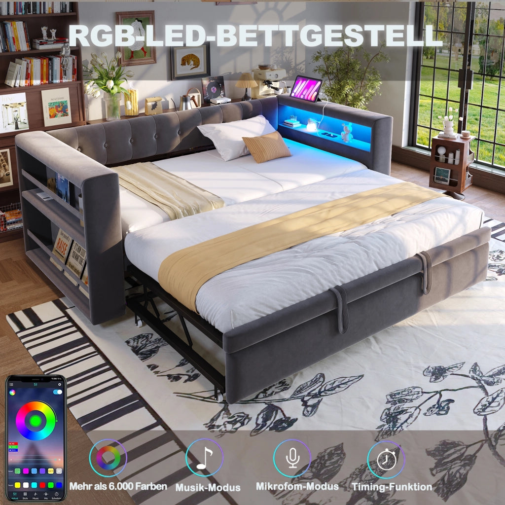 LETTO Divano multifunzione 90/180 x 190 cm in flanella grigio scuro con LED e prese
