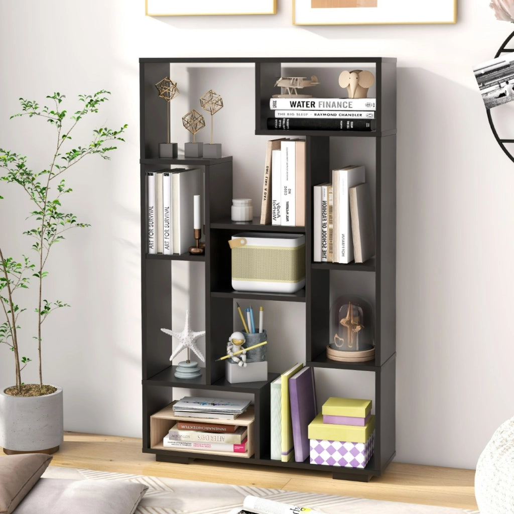 Scaffale per libri alto 120cm con ripiani aperti-Libreria geometrica con kit anti-ribaltamento per ufficio Nero