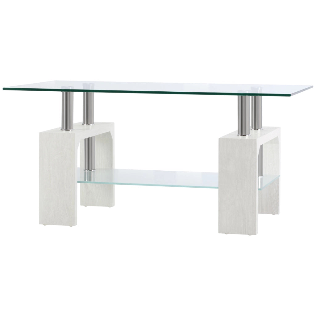 Tavolino da Caff¨¨ Moderno a 2 Livelli in Vetro e Legno, 90x50x42cm, Bianco