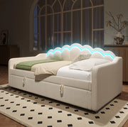 Divano letto 90x200 cm con contenitore; LED e sollevamento idraulico in velluto beige