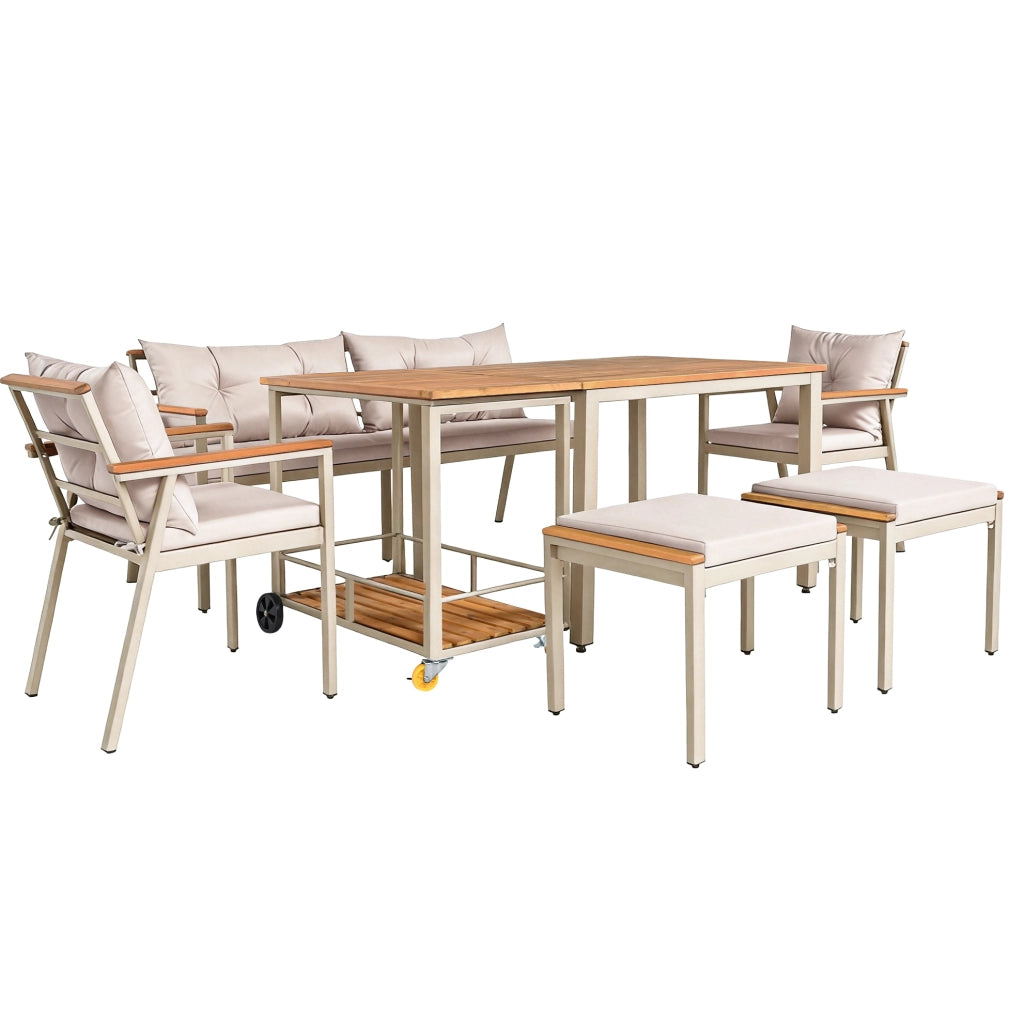 Set da pranzo da giardino per 6-7 persone in legno di acacia e metallo; beige e naturale