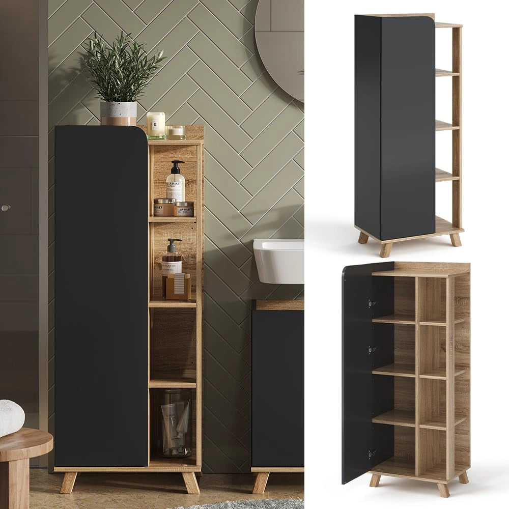 Mobiletto midi Karen, Sonoma/antracite, 50 x 128 cm con porta e vani aperti, per la conservazione di articoli da bagno e asciugamani