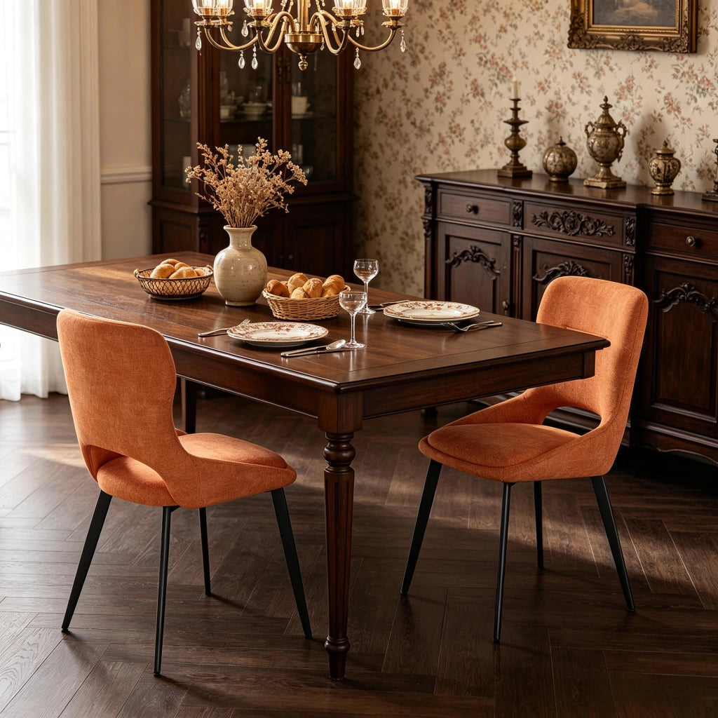 Sedia da Pranzo Set da 2 con Schienale Traspirante Ergonomico e Piedini Regolabili, in Ciniglia Arancione
