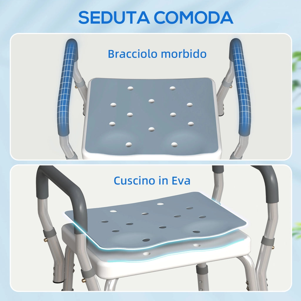 Sgabello per Doccia Regolabile con Braccioli e Fori di Drenaggio, in Alluminio, HDPE e EVA, 52x45x57-69 cm