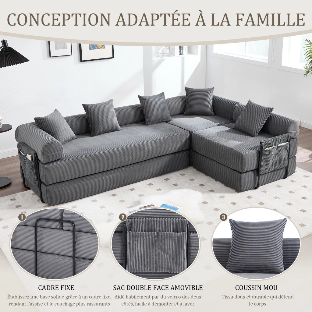Canapé modulaire con funzione letto e tasca laterale per famiglia e ospiti in velluto a coste grigio scuro da salotto