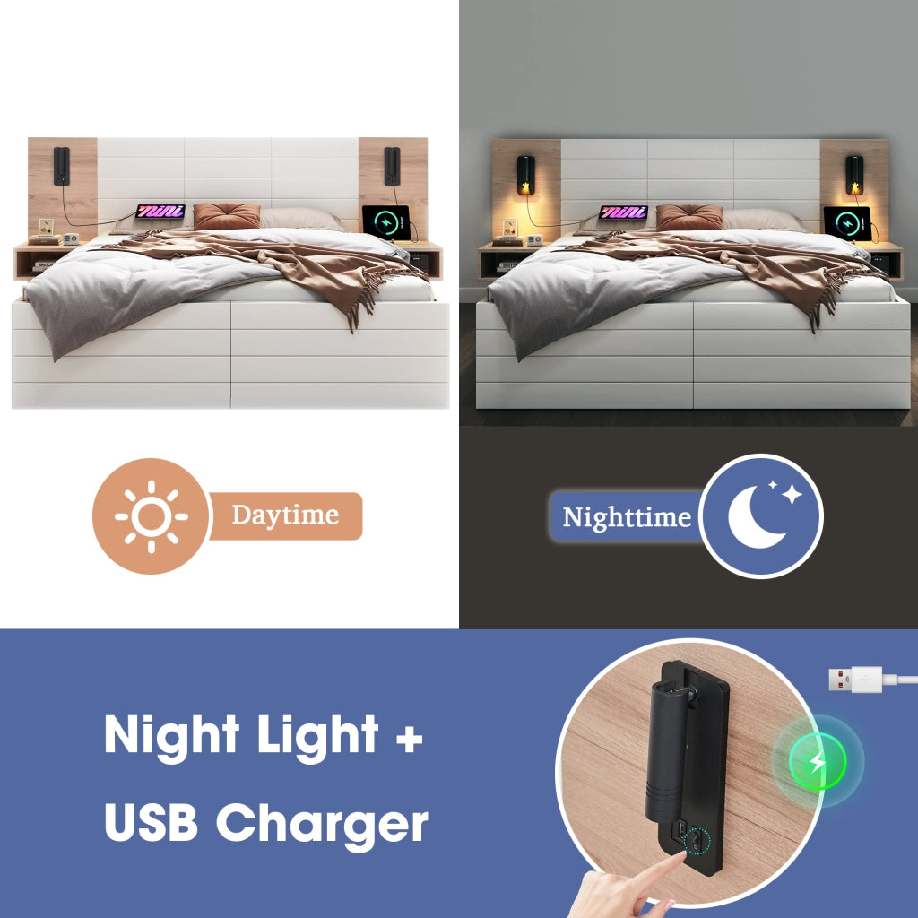 OKWISH Letto Matrimoniale con 2 Comodini e 2 Cassetti, Testiera con Lampada da Lettura Orientabile e USB, Legno Massello e MDF, Bianco