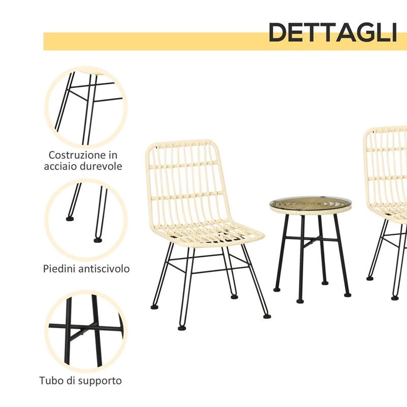 SET DA GIARDINO CON TAVOLINO E DUE SEDIE IN RATTAN COLORE CREMA