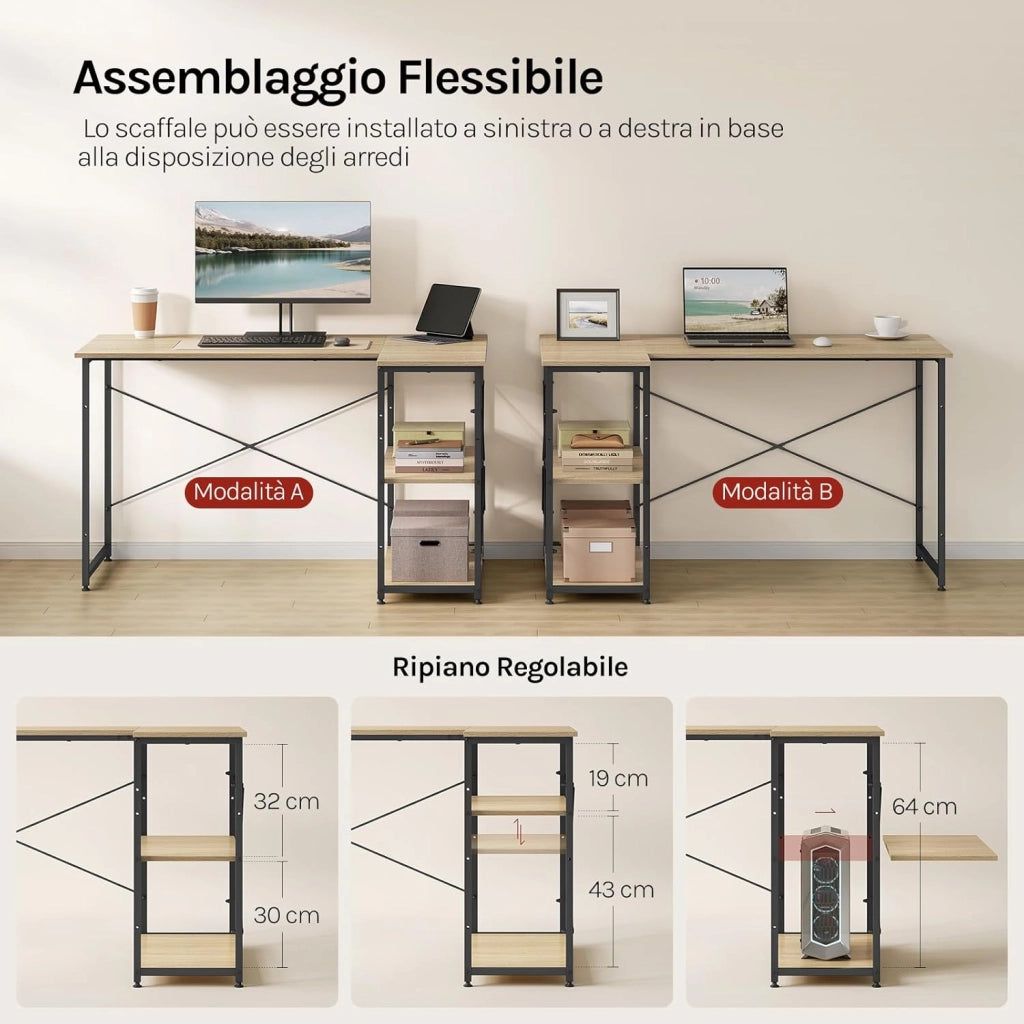 Scrivania Ufficio a L Compatta con Libreria Integrata - Design Salvaspazio per Studio/Camera, 120x73x72 cm, Rovere Naturale e Nero