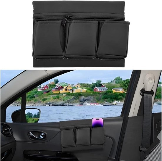 Organizzatore di accessori per la portiera con supporto e cassetto di stoccaggio con diverse tasche, universale per autovetture - Nero