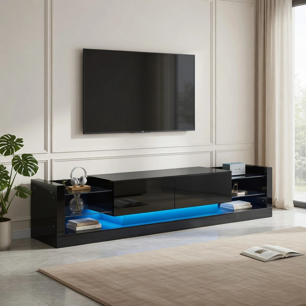 Cassettiera per TV nera in truciolato lucido; lunghezza 181 cm