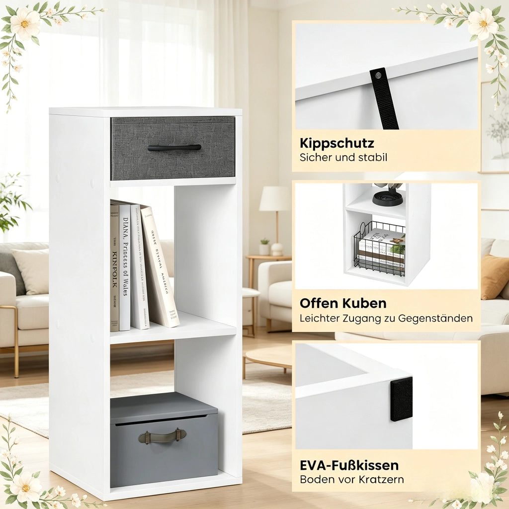 Libreria a cubi da pavimento con cassetto e ripiani aperti in legno ingegnerizzato grigio bianco 32 × 30 cm