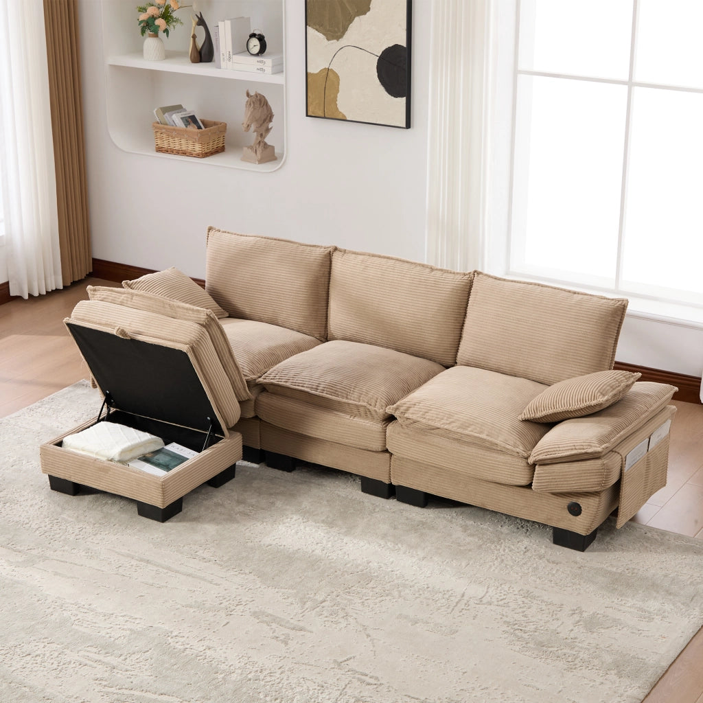 Canapé modulaire 3 posti con pouf, seduta ergonomica, porta USB-C e tasche laterali, in tessuto a coste khaki