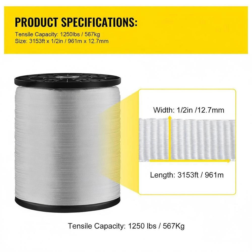 567 Kg Polyester Pull Strap, 961 M X 12.7 Mm Flat Strap For Wire And Cable Conduit Work, Variable Functions, Flat Rope For Pulling/loading/packing In All Weather Conditions