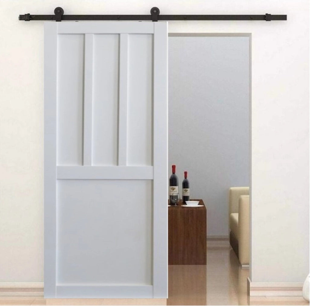 Porta scorrevole Officina 2 pannelli bianchi, larghezza 73 +  binario in acciaio nero