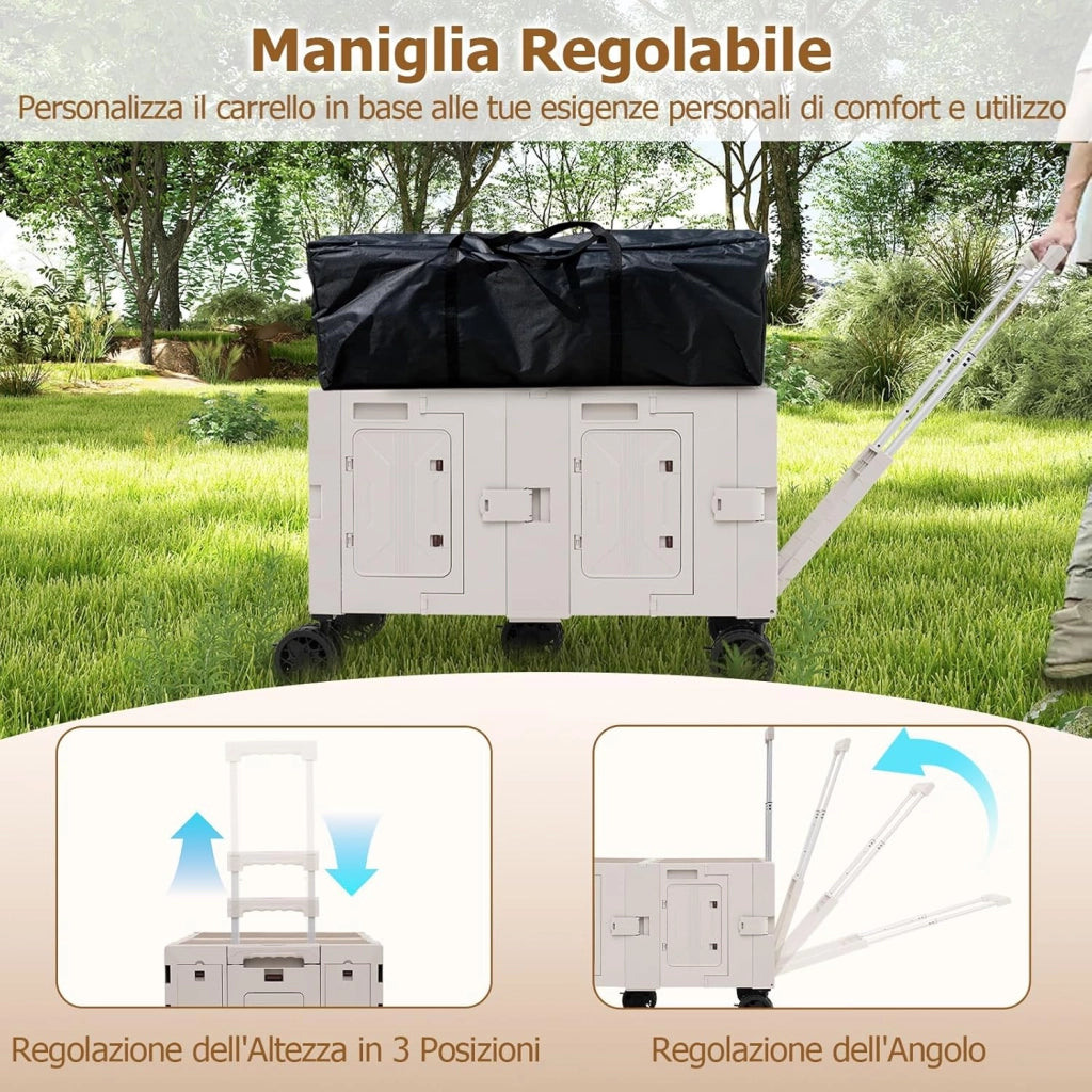 Carrello da Spiaggia Pieghevole 150 L, Carrello con Ruote Portatutto con Armadio a 2 Livelli e Manico Telescopico in Metallo, Carretto Giardino Portatile per Campeggio, Portata 120 kg (Bianco)