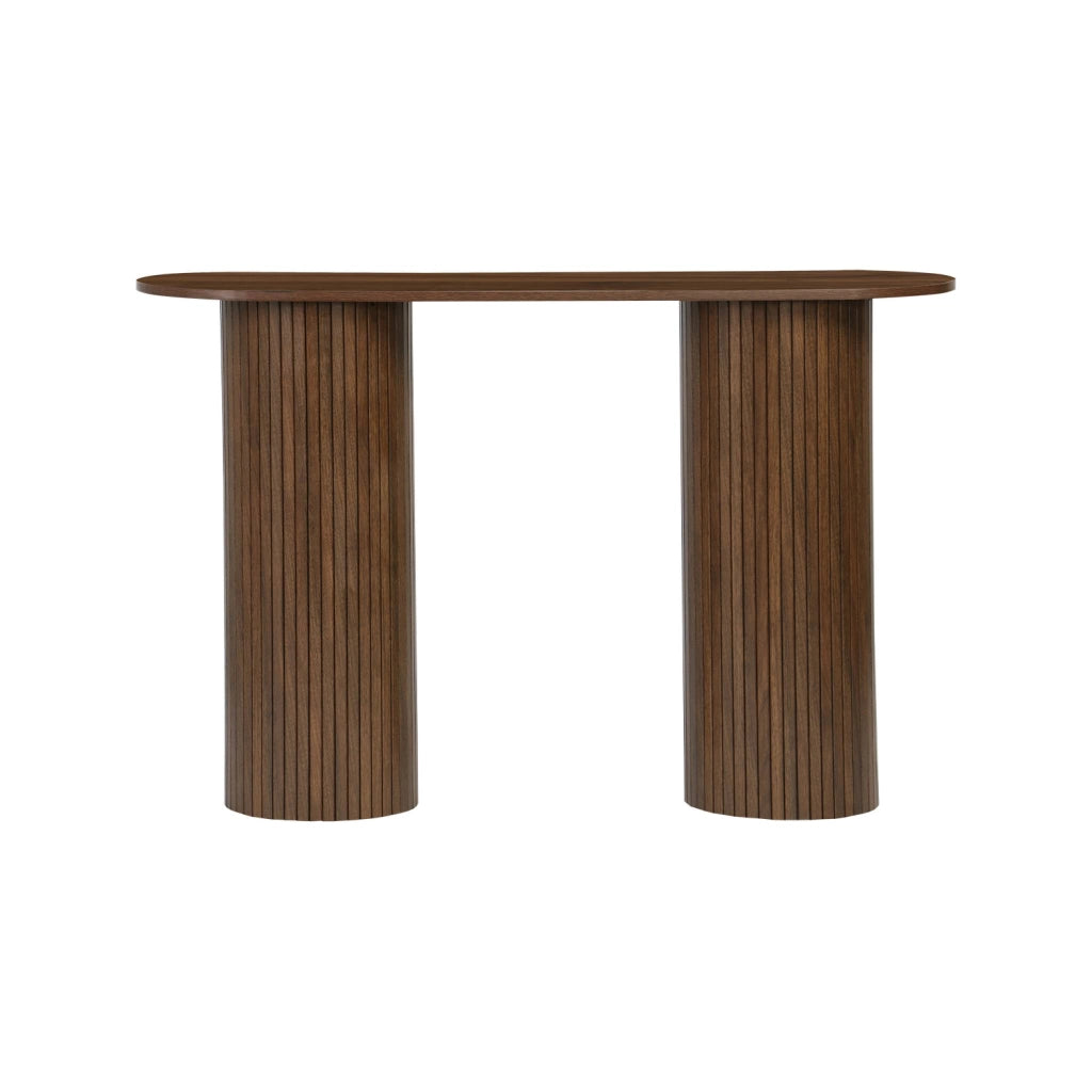 Consolle ovale scandinava con effetto legno scanalato, 120cm, noce