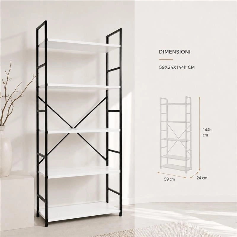 LIBRERIA STILE INDUSTRIAL A 5 RIPIANI IN LEGNO E METALLO DIMENSIONI 59X24X144CM - COLORE BIANCO LEGNO