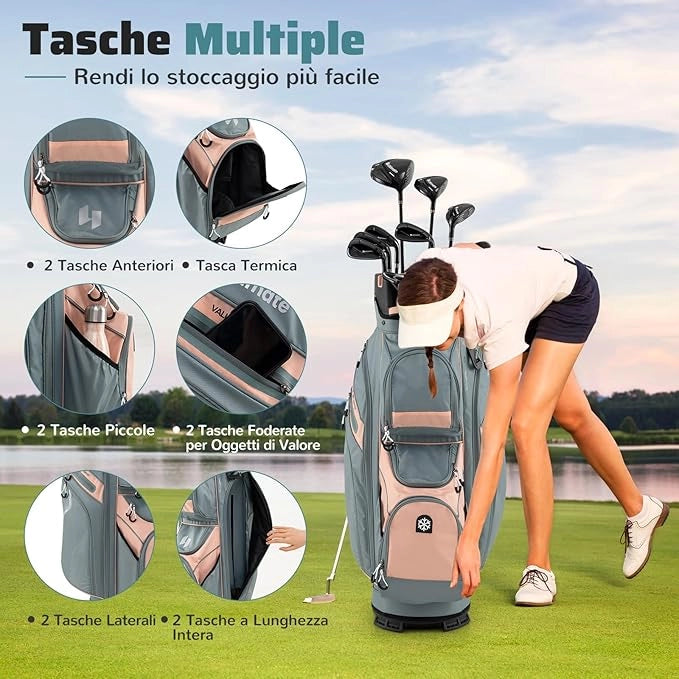 Borsa Carrello da Golf, Sacca da Golf con Serratura e Divisori a 14 Vie, 11 Tasche, Sacca Isolante, Tracolla Imbottita, Maniglie, Porta Ombrello e Cappuccio Antipioggia