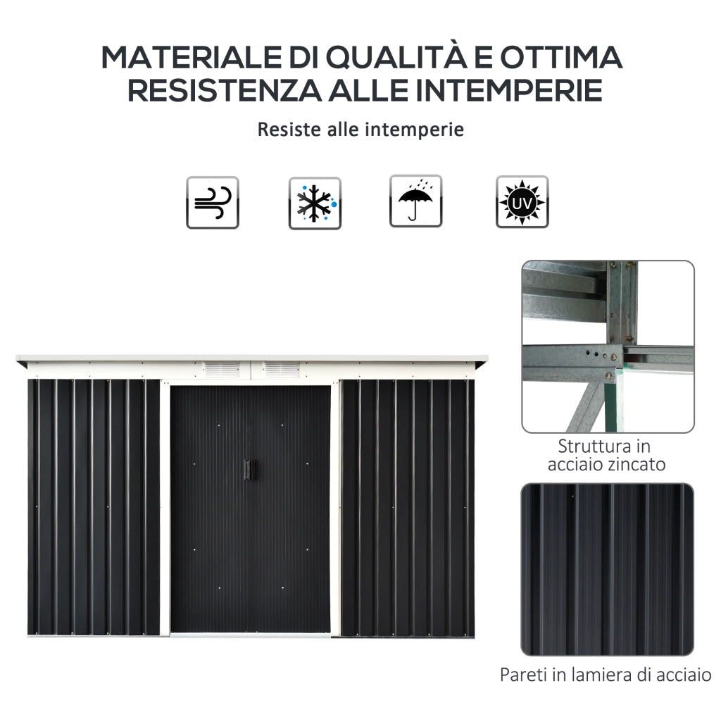 EasyComfort Casetta da Giardino Porta Utensili in Lamiera di Acciaio con Porte Scorrevoli, 280x130x172cm, Grigio-Nero