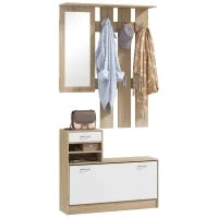 Mobile Appendiabiti 3 in 1 con Scarpiera e Specchio, Ganci e Cassetti, in Legno, 90x24x177 cm, Bianco e Quercia