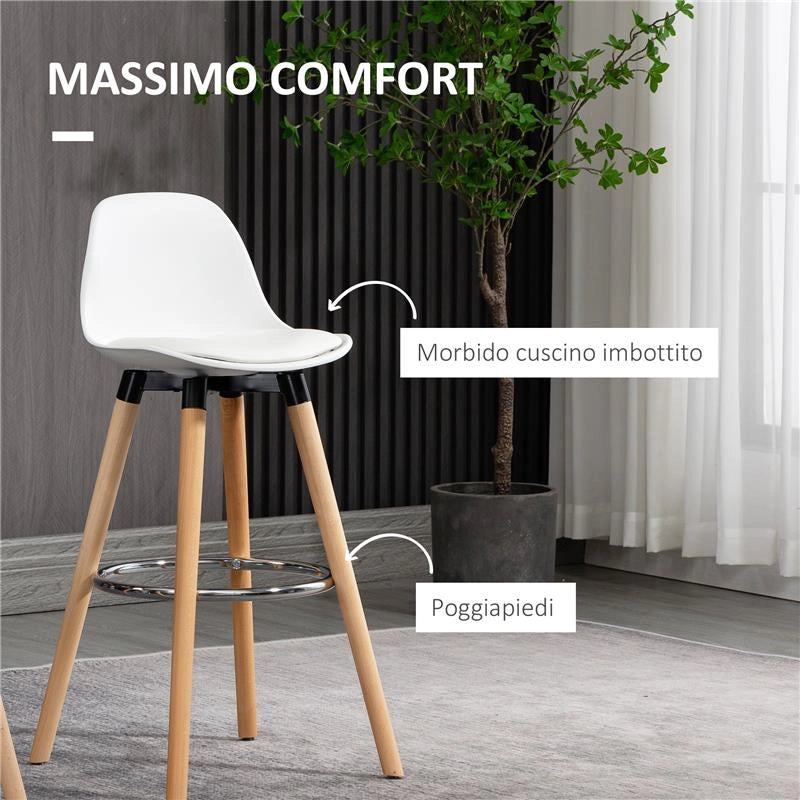 SET 2 SGABELLI DA BAR STILE NORDICO CON SCHIENALE CUSCINO E POGGIAPIEDI LEGNO E PLASTICA BIANCO
