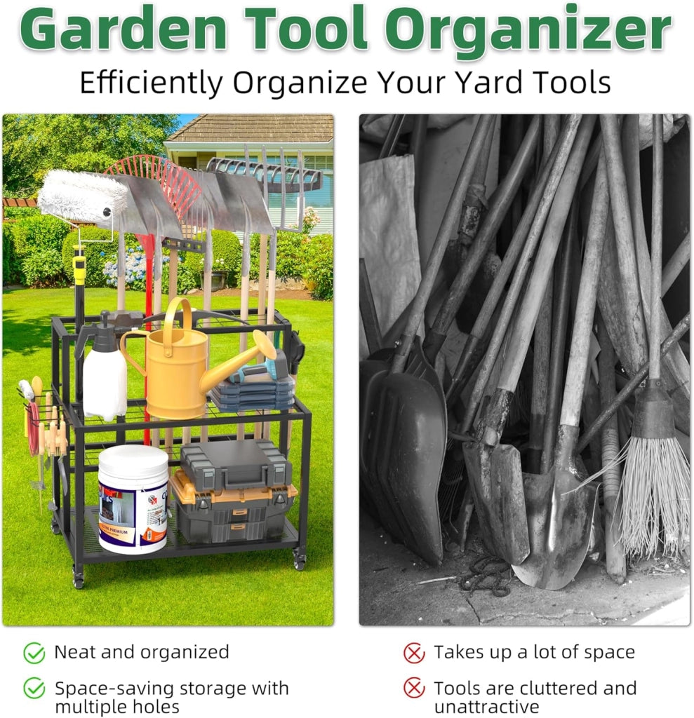 Portautensili da giardino resistente, 3 ripiani, con ruote universali bloccabili, porta attrezzi da giardino, porta attrezzi da per garage