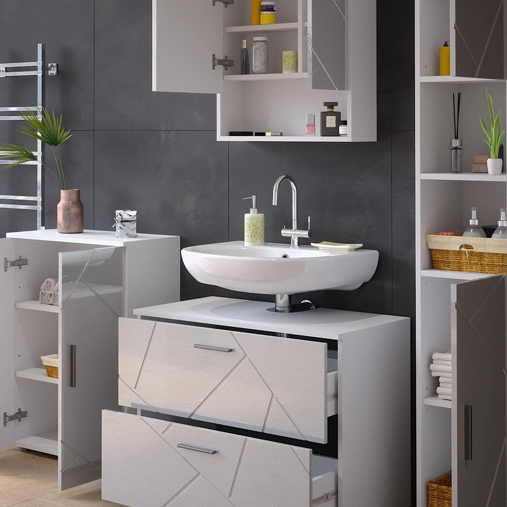 Vicco Set mobili bagno Bianco lucido 4 pezzi, con cassettiera e mobile midi