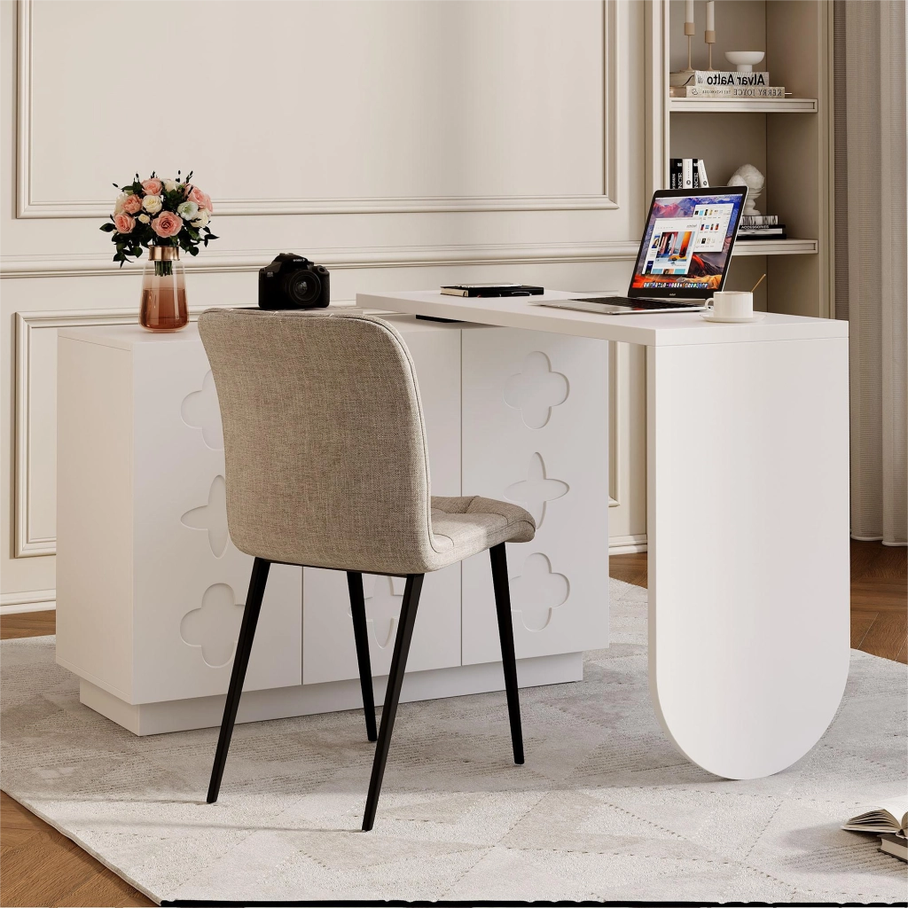 Scrivania modulare con tavolo girevole a 360 gradi, 3 armadietti, per ufficio e studio, in MDF, bianco