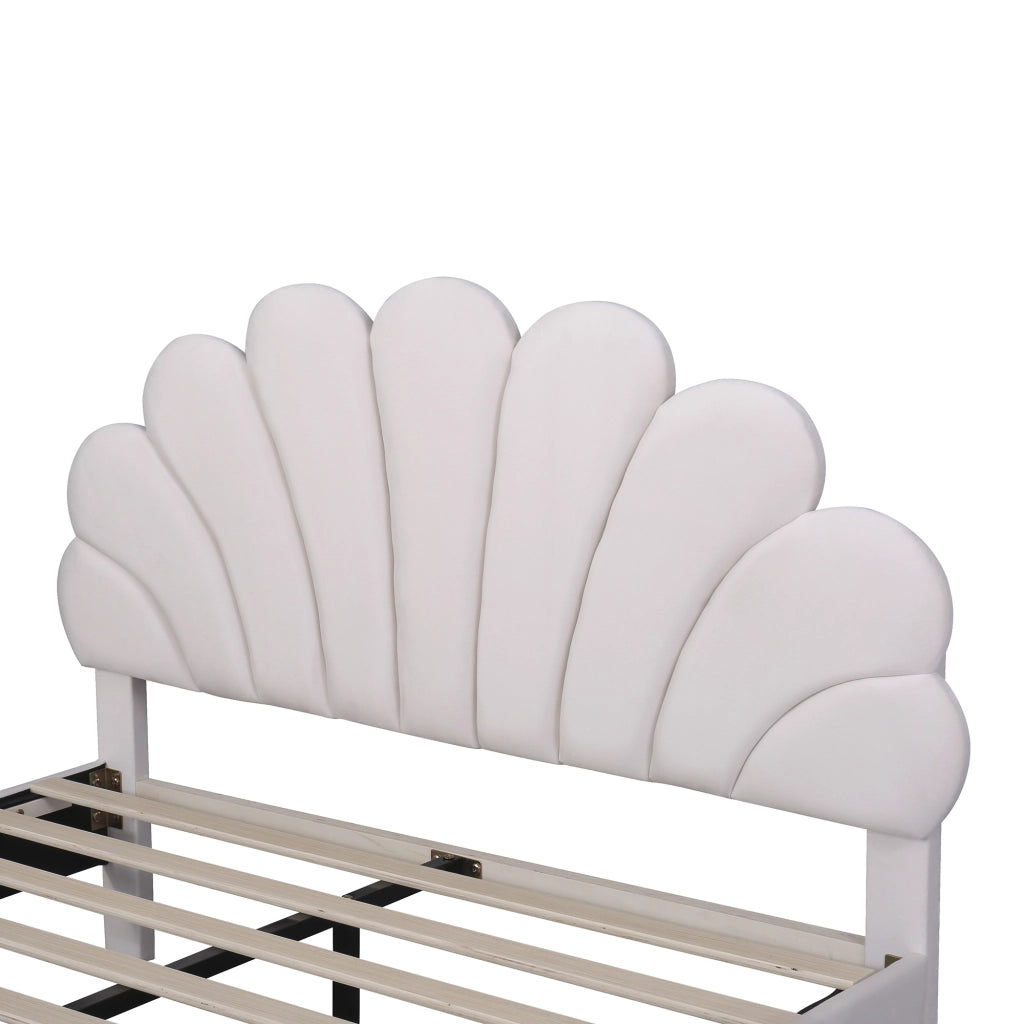 OKWISH Letto Imbottito 140×200 cm, Letto Matrimoniale con Testiera a Fiore, 12 Doghe e Imbottitura, senza Materasso, Beige