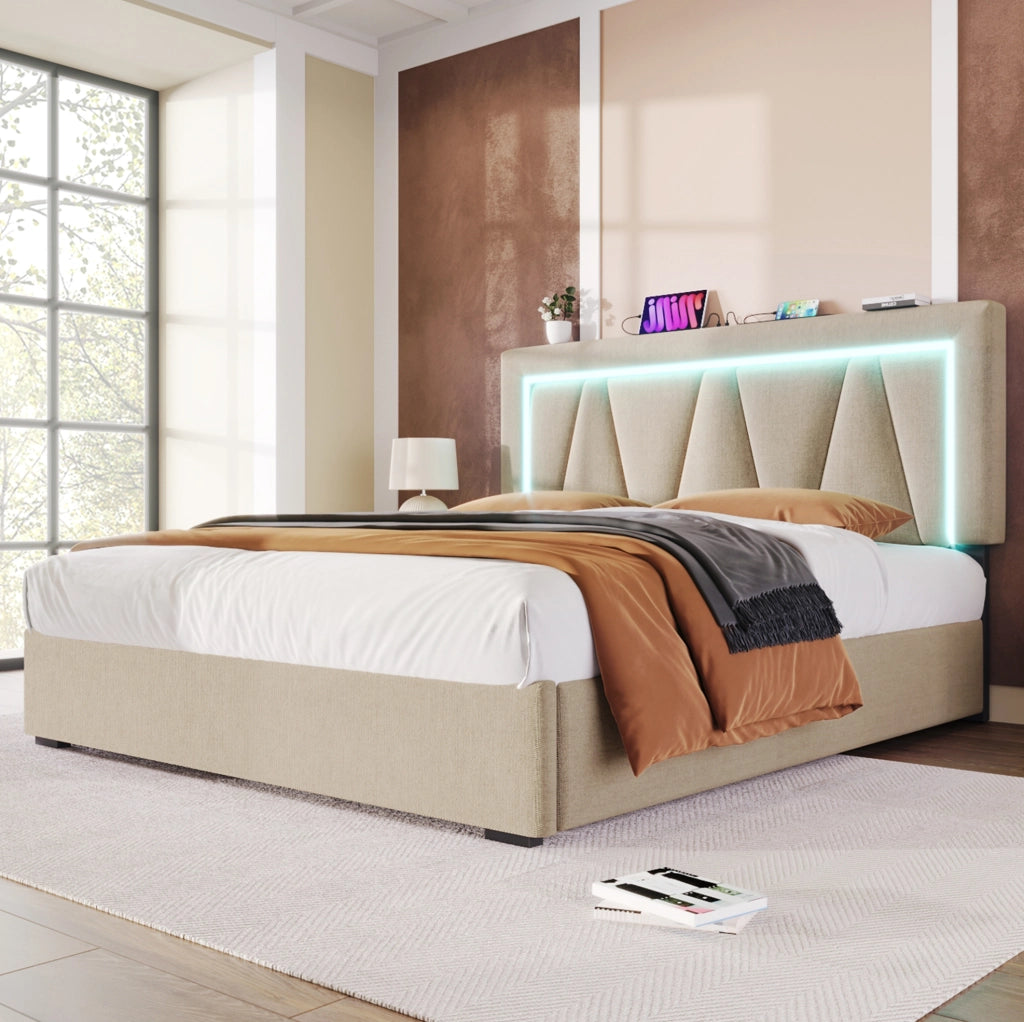 Letto matrimoniale 140x200 cm beige in lino con LED, USB Type-C e contenitore