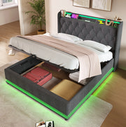 Letto matrimoniale imbottito 140x190 cm in lino grigio con LED 360掳; USB e contenitore idraulico