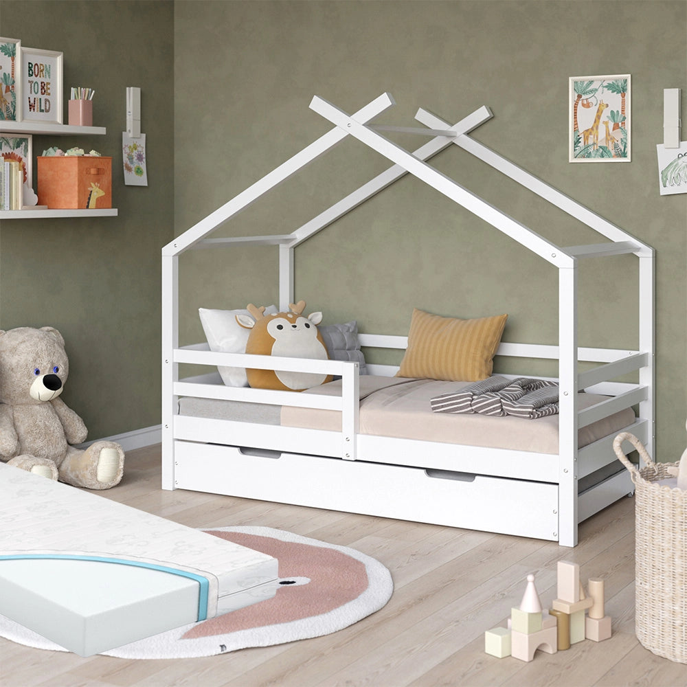 Vitalispa Letto montessori bambini Bianco 160 x 80 cm Con letto ospite estraibile e materassi