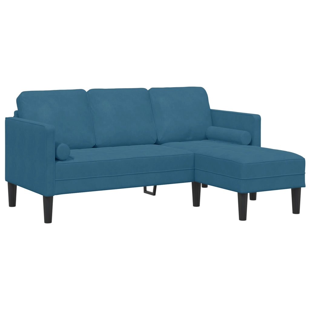 Divano da giardino  con panca e cuscini in velluto blu a forma di L