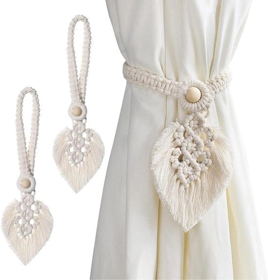 2 pezzi di fermacarte in macramé a strisce per tende con design foglie - fermacarte in cotone per tende - fermacarte decorative - clip per tende - fermacarte a vela per tende - decorazione per tende