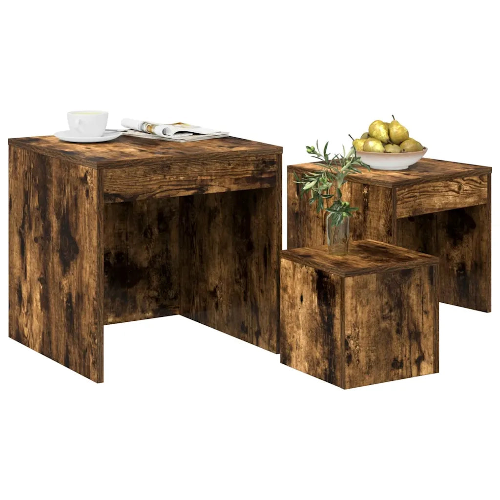 Tavolini Impilabili 3 pz Rovere Fumo in Legno Multistrato 815225