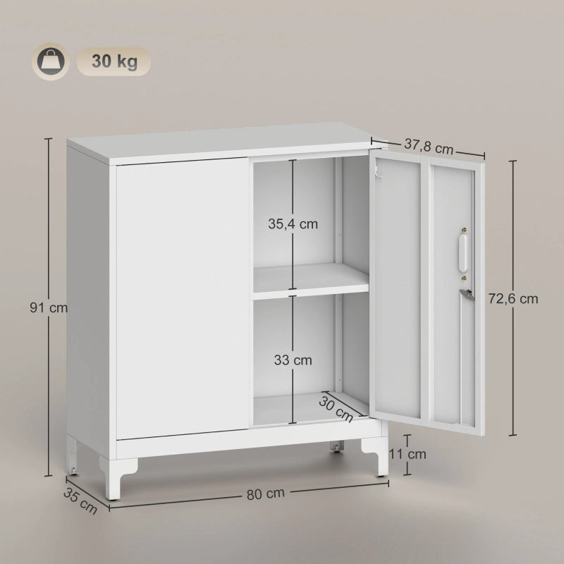 Mobile da ufficio in metallo, ante con serratura, cassettiera da ufficio, design a 2 ripiani, bianco