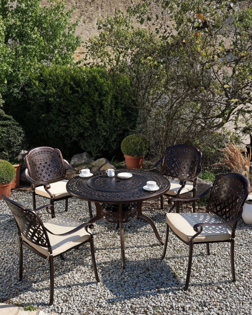 Set di 4 sedie da pranzo da giardino in alluminio marrone beige cuscini per sedili in poliestere vintage