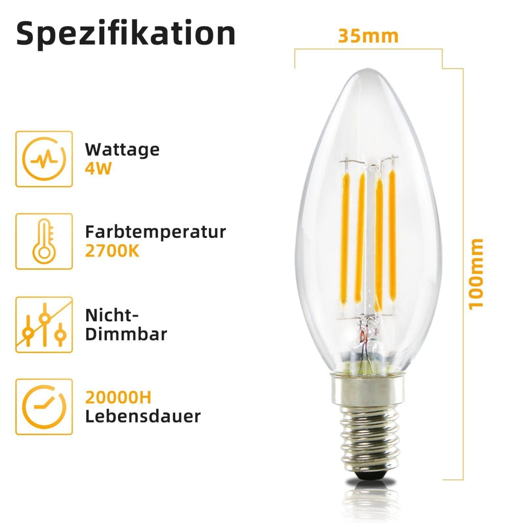 ZMH Lampadina LED E14 a candela bianco caldo 4W 2700K filamento retrò