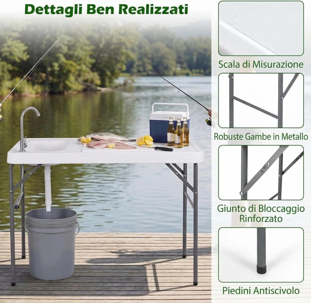 Tavolo da Campeggio con Rubinetto e Lavandino, 104 x 59 cm, Tavolo Pieghevole e Portatile per Lavaggio e Preparazione di Cibi, Pesca e Verdure, per Picnic, Spiaggia, Cortile e Giardino