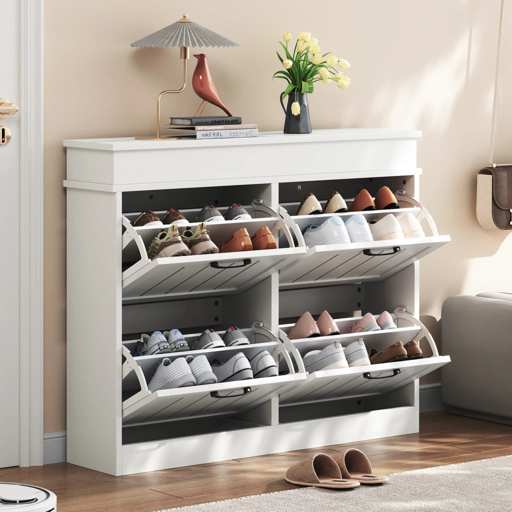 Scarpiera con 4 ante a ribalta e 8 ripiani regolabili; per ingresso e corridoio; in MDF; bianco; 105 × 24 × 83 cm