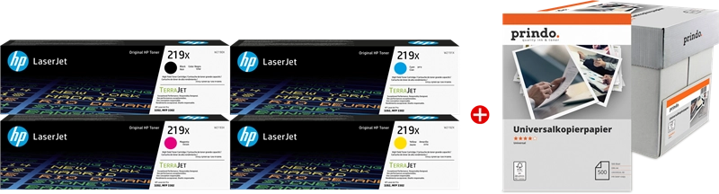 ORIGINAL HP Value Pack nero / ciano / magenta / giallo / Bianco 219X MCVP + Prindo Universal Papier 2500 Blatt ~10700 Seiten