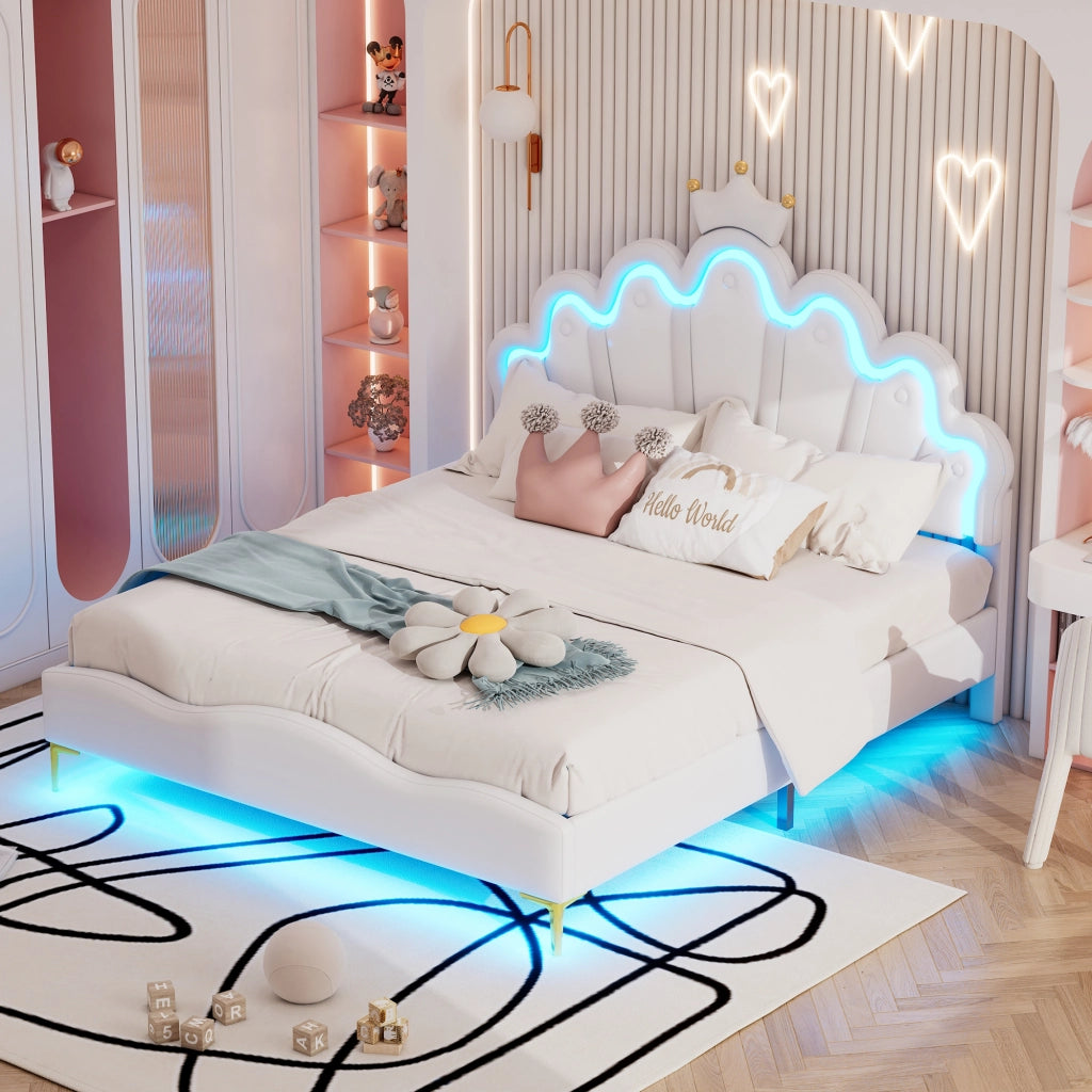 OKWISH Letto Matrimoniale 140×200 cm con LED Regolabile e Testiera Corona, Altezza Regolabile, senza Materasso, in PU, Bianco