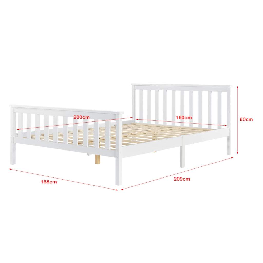 Letto Matrimoniale in Legno di Pino con Materasso Ipoallergenico 160 x 200 cm Letto con Testiera e Pediera Alte - Bianco