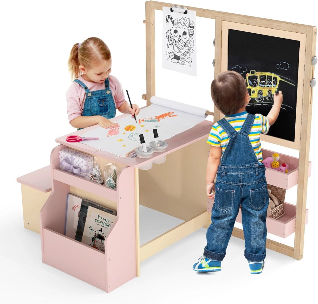 Set 3 in 1 Tavolo e Sedie per Bambini 3+ Anni, Tavolo in Legno Sicuro con Lavagna Cancellabile, Magnetica, Cavalletto Regolabile, Libreria e Accessori Artistici, per Disegno (Rosa)