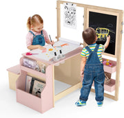 Set 3 in 1 Tavolo e Sedie per Bambini 3+ Anni, Tavolo in Legno Sicuro con Lavagna Cancellabile, Magnetica, Cavalletto Regolabile, Libreria e Accessori Artistici, per Disegno (Rosa)